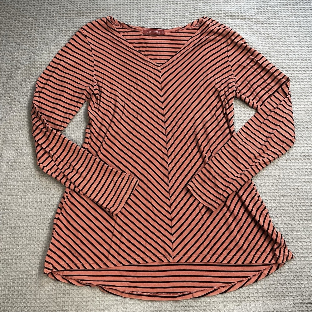 Cut Loose Long Sleeve Hi Low Tee Shirt Top Small Orange Black Stripe Halloween